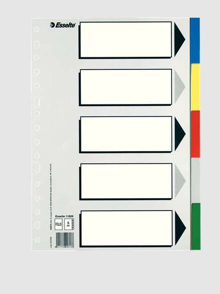 Esselte 613 Bolsa de 5 Separadores de Plastico - 5 PestaÃ±as / 5 Colores - Multitaladro - Formato Folio