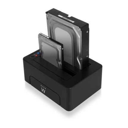 Ewent Estacion de Docking de Doble Bahia - HDD/SSD SATA de 2.5/3.5" - USB 3.2 Gen1 - Funcion de Clonado - Indicador LED - Color Negro