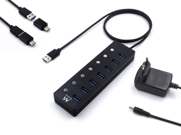 Ewent Hub USB 7 en 1 - Alimentacion Externa - Interruptores Individuales - Incluye Adaptador USB-C - Cable de 1.2m - Color Negro
