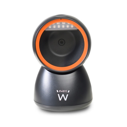 Ewent Lector de Codigos de Barras de Sobremesa - 1D 2D QR - Manos Libres - Resistente a Caidas - Plug and Play - Color Negro/Naranja