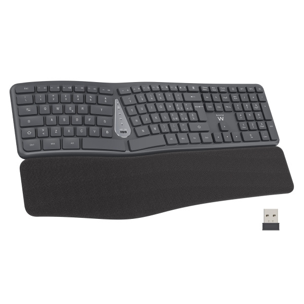 Ewent Teclado Inalambrico - Ergonomico - Bateria de Litio Recargable de 300mAh - Teclas de Bajo Perfil y Silenciosas - Color Neg
