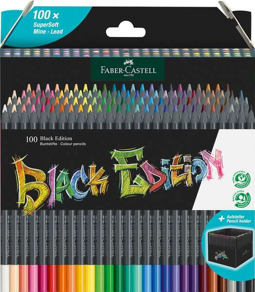 Faber-Castell Black Edition Pack de 100 Lapices de Colores - Mina Supersuave - Madera Negra - Ideales para Dibujo sobre Papel Cl