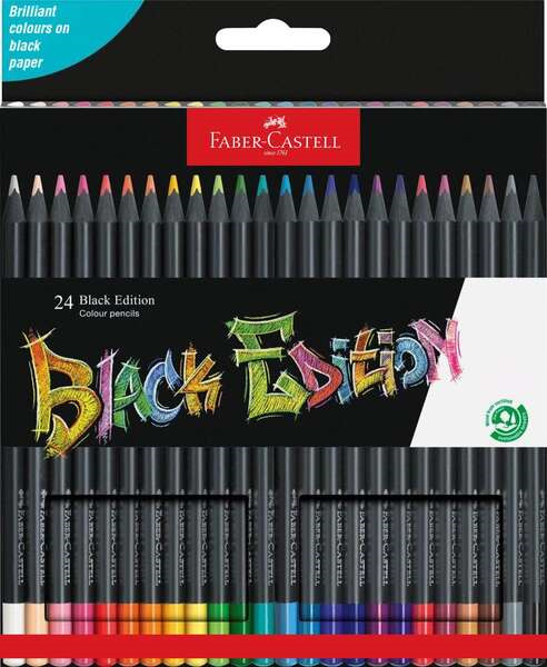 Faber-Castell Black Edition Pack de 24 Lapices de Colores - Mina Supersuave - Madera Negra - Ideales para Dibujo sobre Papel Cla