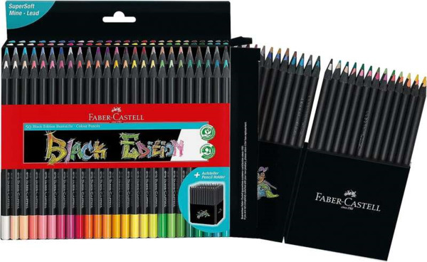 Faber-Castell Black Edition Pack de 50 Lapices de Colores - Mina Supersuave - Madera Negra - Ideales para Dibujo sobre Papel Cla