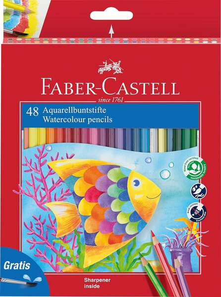 Faber-Castell Classic Colour Acuarelable Pack de 48 Lapices de Colores Hexagonales Acuarelables + Pincel - Resistencia a la Rotu