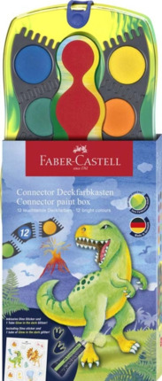 Faber-Castell Connector Dinosaurio Pack de 12 Acuarelas en Pastilla + Pintura Blanca Opaca + Pegatinas - Gran Opacidad - Facilmente Mezclables - Colores Surtidos