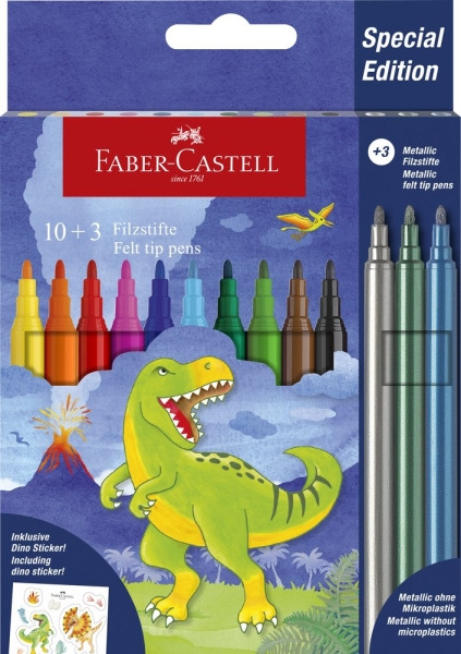 Faber-Castell Edicion Dinosaurios Pack de 13 Rotuladores de Colores - 10 Colores Clasicos + 3 Colores Metalizados - Incluye Pega