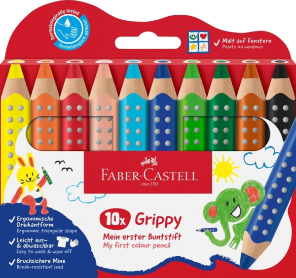 Faber-Castell Grippy Pack con 10 Lapices de Colores Gruesos Mina XXL Suave - Forma Triangular con Grip - Colores Surtidos