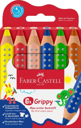Faber-Castell Grippy Pack con 6 Lapices de Colores Gruesos Mina XXL Suave - Forma Triangular con Grip - Colores Surtidos