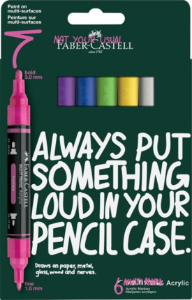 Faber-Castell Multimark Acrylic Pack con 6 Rotuladores Acrilicos Doble Punta - Puntas Redondas de 1mm y 3mm - Tinta Acrilica a Base de Agua - Colores Vibrantes Surtidos