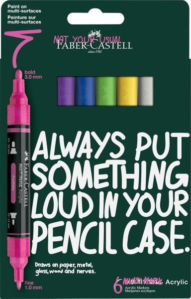 Faber-Castell Multimark Acrylic Pack con 6 Rotuladores Acrilicos Doble Punta - Puntas Redondas de 1mm y 3mm - Tinta Acrilica a B