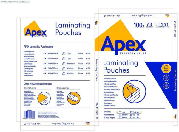 Fellowes Apex Pack de 100 Fundas para Plastificar Brillo A3 - 75 Micras - Alta Calidad - Transparente
