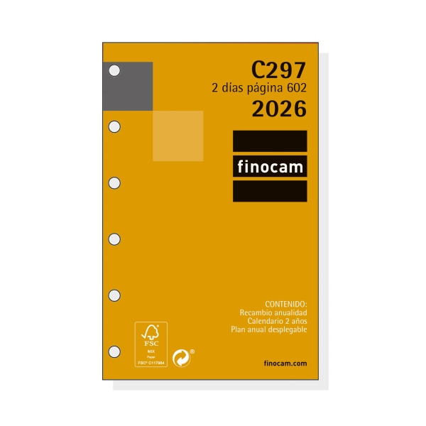 Finocam C297 Recambio para Agendas Classic - Anual 2026 - Hojas Microperforadas - Formato 602 - 73x9x114mm - 2 Dias por Pagina -