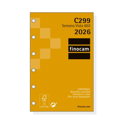 Finocam C299 Recambio para Agendas Classic - Anual 2026 - Hojas Microperforadas - Formato 602 - 73x6x114mm - Semana Vista Horizontal - Color Blanco