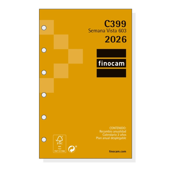 Finocam C399 Recambio para Agendas Classic - Anual 2026 - Hojas Microperforadas - Formato 603 - 79x6x127mm - Semana Vista Horizo
