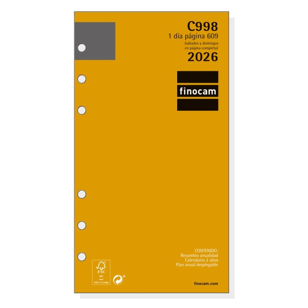 Finocam C998 Recambio para Agendas Classic - Anual 2026 - Hojas Microperforadas - Formato 609 - 94x18x171mm - 1 Dia por Pagina -