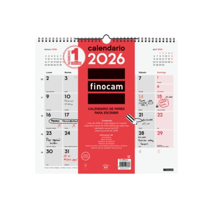 Finocam Calendario de Pared - Anual 2026 - 340x5x330mm - Espacio para Escribir - Color Blanco y Rojo