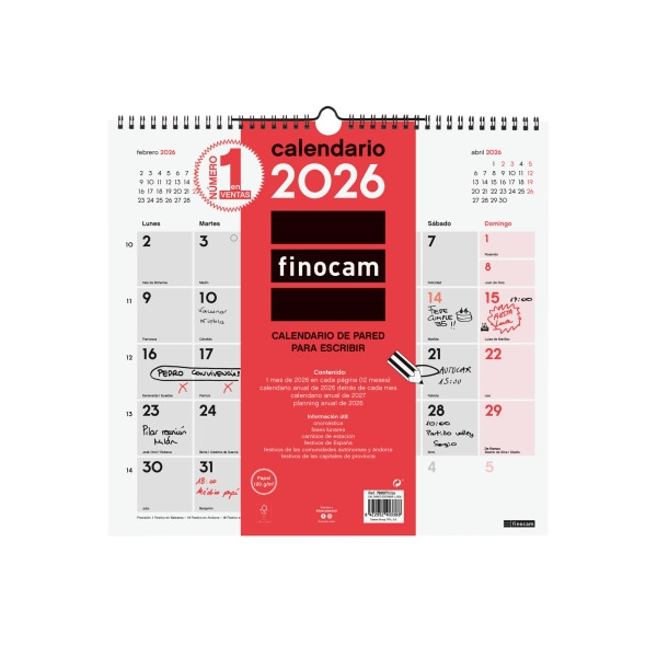 Finocam Calendario de Pared - Anual 2026 - 340x5x330mm - Espacio para Escribir - Color Blanco y Rojo