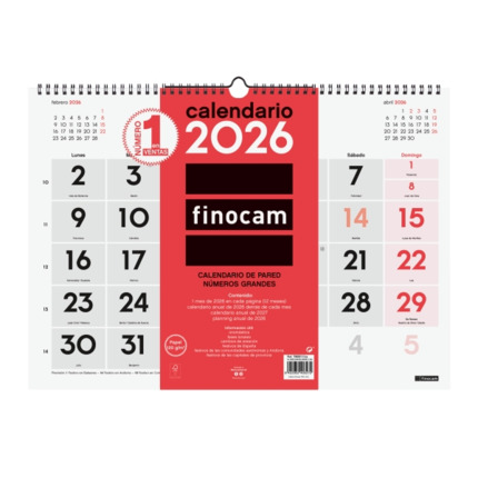 Finocam Calendario de Pared - Anual 2026 - 430x5x320mm - Numeros Grandes - Color Blanco y Rojo
