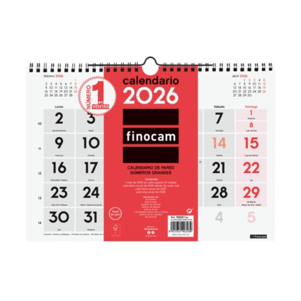 Finocam Calendario de Pared - Anual 2026 - Formato M - 300x5x220mm - Numeros Grandes - Color Blanco y Rojo
