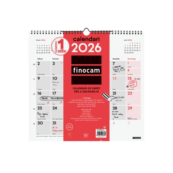 Finocam Calendario de Pared en Catalan - Anual 2026 - 340x5x330mm - Espacio para Escribir - Color Blanco y Rojo