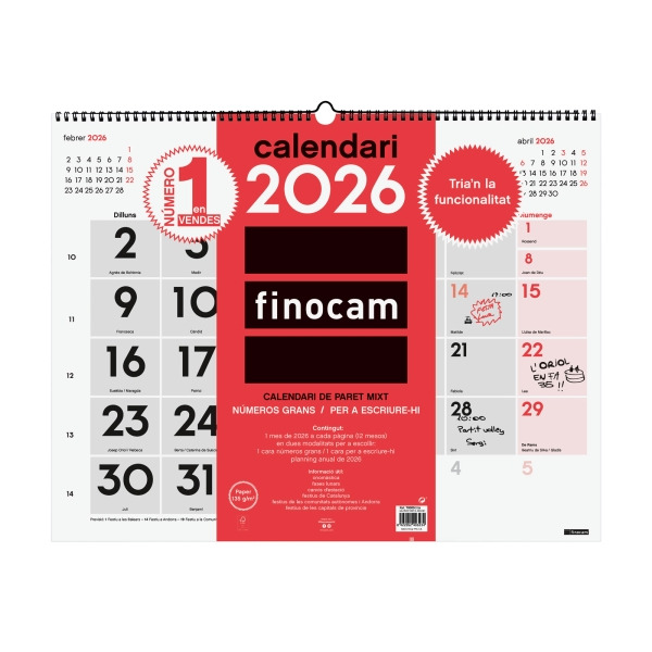 Finocam Calendario de Pared en Catalan - Anual 2026 - Espacio para Escribir - Formato XL - 540x5x430mm - Numeros Grandes - Color