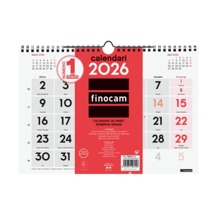 Finocam Calendario de Pared en Catalan - Anual 2026 - Formato M - 300x5x220mm - Numeros Grandes - Color Blanco y Rojo
