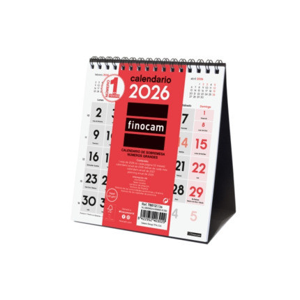 Finocam Calendario de Sobremesa - Anual 2026 - 140x70x155mm - Numeros Grandes - Color Blanco y Rojo