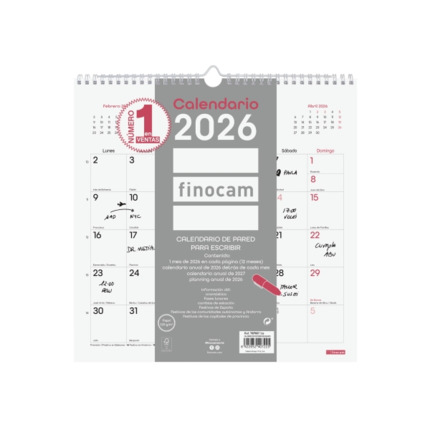 Finocam Chic Calendario de Pared - Anual 2026 - 300x5x310mm - Espacio para Escribir - Color Blanco