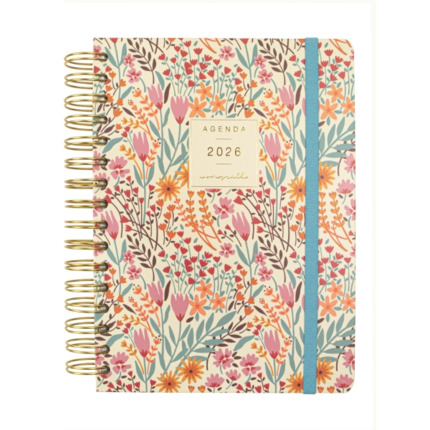 Finocam Moniquilla Agenda de Espiral - Anual 2026 - Planificador - Cierre de Goma - Formato E10 - 155X212mm - 1 Dia por Pagina - Tematica de Flores