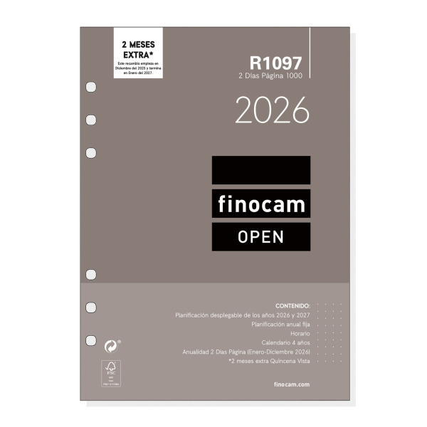Finocam R1097 Recambio Anual 2026 para Agendas Open 2026 - Formato 1000 - 155x11x215mm - 2 Dias por Pagina - Color Blanco