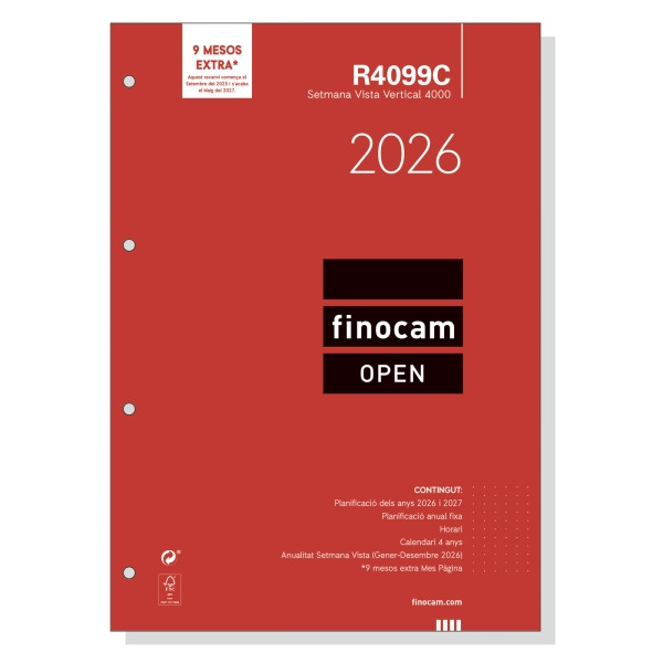 Finocam R4099C Recambio Anual 2026 para Agendas Open 2026 en Catalan - Formato A4 - 210x6x297mm - Semana Vista en Vertical - Col