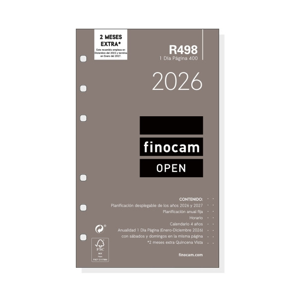 Finocam R498 Recambio Anual 2026 para Agendas Open 2026 - Formato 400 - 91x16x152mm - 1 Dia por Pagina - Color Blanco