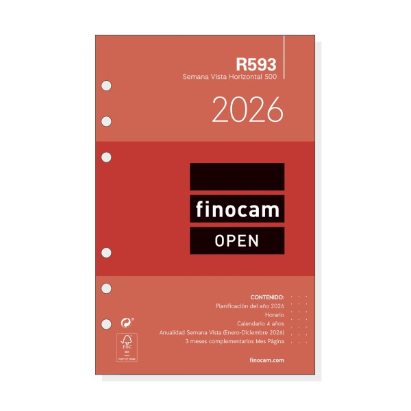 Finocam R593 Recambio Anual 2026 para Agendas Open 2026 - Formato 500 - 117x6x181mm - Semana Vista Horizontal - Color Blanco