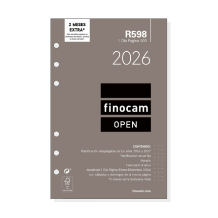 Finocam R598 Recambio Anual 2026 para Agendas Open 2026 - Formato 500 - 117x16x181mm - 1 Dia por Pagina - Color Blanco