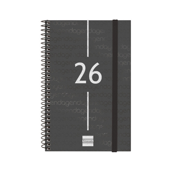 Finocam Year Agenda de Espiral - Anual 2026 - Tapa Ligera - Formato E5 - 125x14x181mm - Semana Vista Horizontal - Color Negro