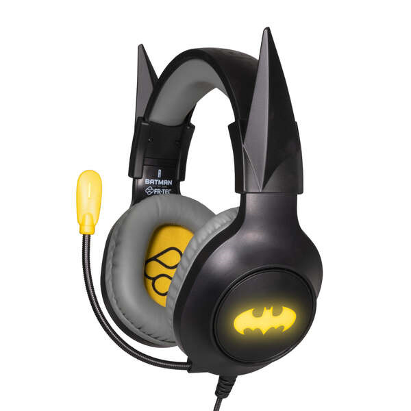 FR-TEC Batman Auriculares Gaming con Microfono Plegable - Diadema Ajustable - Almohadillas Acolchadas - Iluminacion LED Amarilla