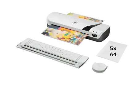 GBC Inspire+ A4 Set de Plastificadora + Recortadora de Esquinas + Cizalla + Paquete de 5 Bolsas de Plastificacion A4 - Hasta Tam