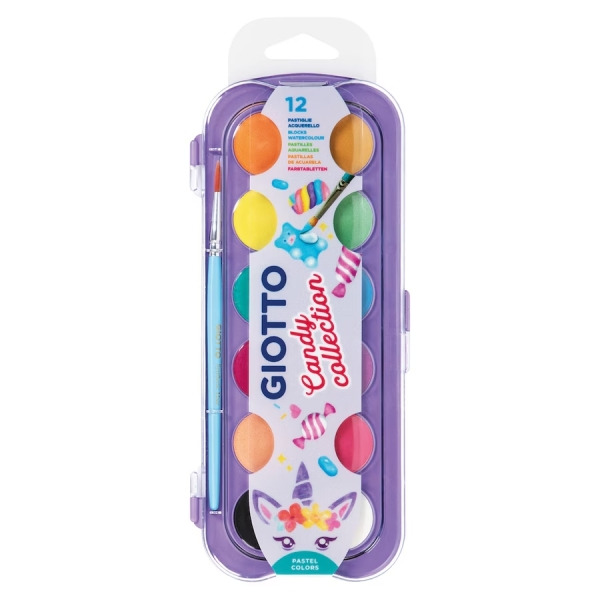 Giotto Candy Collection Estuche de 12 Acuarelas de 30mm + Pincel - Colores Brillantes, Intensos y Vivos - Muy Cubrientes - Color