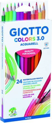 Giotto Colors Acquarell 3.0 Pack de 24 Lapices Triangulares de Colores Acuarelables - Mina 3 mm - Madera - Colores Surtidos
