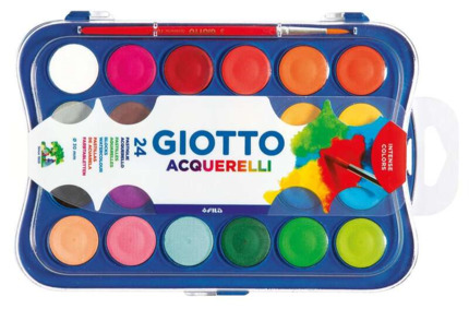 Giotto Estuche de 24 Acuarelas de 30mm + Pincel - Colores Brillantes, Intensos y Vivos - Muy Cubrientes - Colores Surtidos