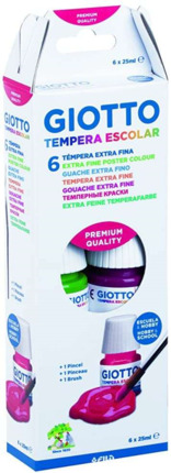 Giotto Tempera Pack de 6 Botes de 25 ml. + Pincel - Base Agua - Excelente Cobertura - Colores Surtidos