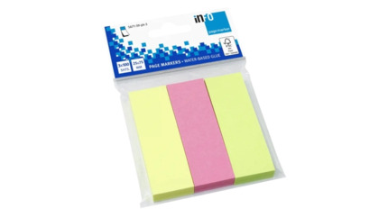 Global Notes inFO Pack de 3 Blocs de 100 Marcadores de Pagina 75 x 25mm - Certificacion FSC? - Colores Amarillo, Verde y Rosa