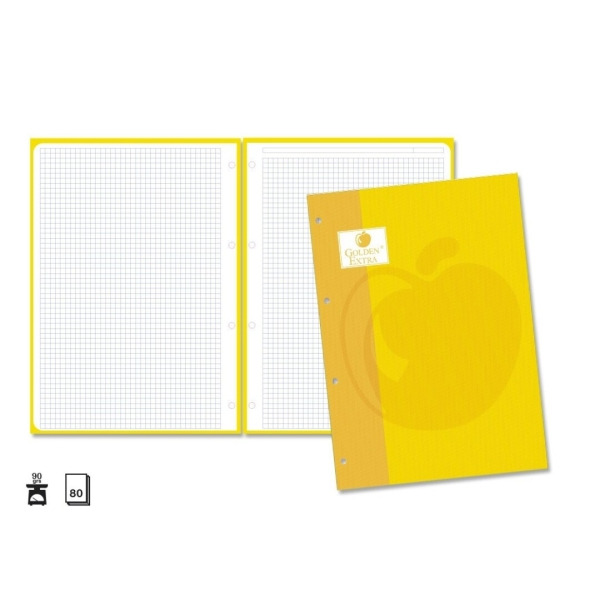 Golden Extra Recambio de 80 Hojas 90gr Cuadricula 4x4 - Formato A4 - 4 Taladros y Banda de Color Amarillo