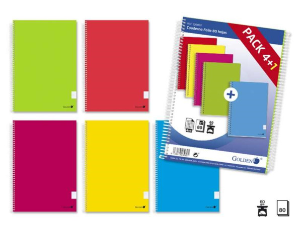 Golden Pack de 5 Cuadernos Espiral Folio 80 Hojas Cuadricula 4x4 - Margen Remarcado - Tapa Normal Plastificada - Colores Surtido