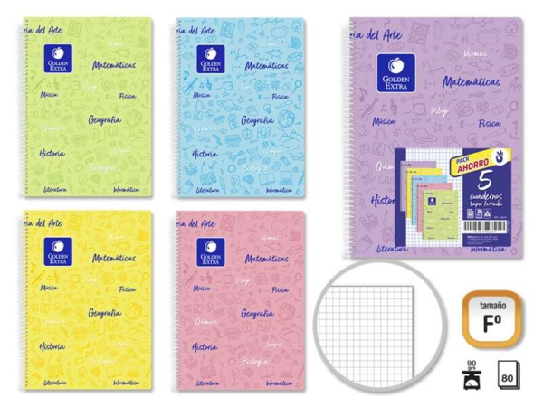 Golden Pack de 5 Cuadernos Folio 80 Hojas 90gr Cuadricula 4x4 - Resistente - Ideal para Estudiantes - Tapa Forrada - Colores Pas