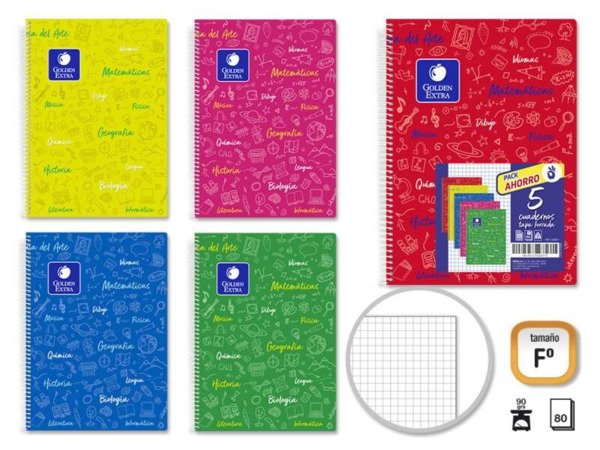 Golden Pack de 5 Cuadernos Folio 80 Hojas 90gr Cuadricula 4x4 - Resistente - Ideal para Estudiantes - Tapa Forrada - Colores Sur