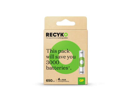 GP ReCyko Pack de 4 Pilas Recargables 650mAh AAA 1.2V - Precargadas - Fabricadas con mas del 10% de Materiales Reciclados