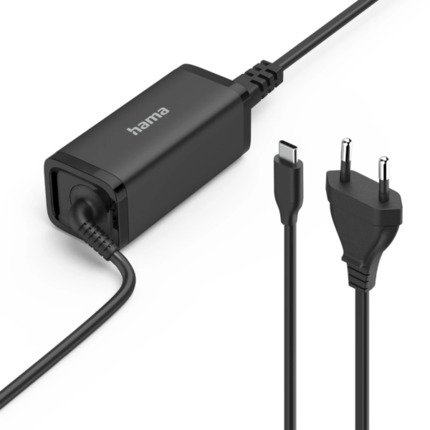 Hama Essential Fuente de Alimentacion Universal para Portatil - Potencia 65W - Voltaje 5-20V - Cable de Entrada 1.2m - Cable de Salida 1.2m - Power Delivery - GaN - Color Negro
