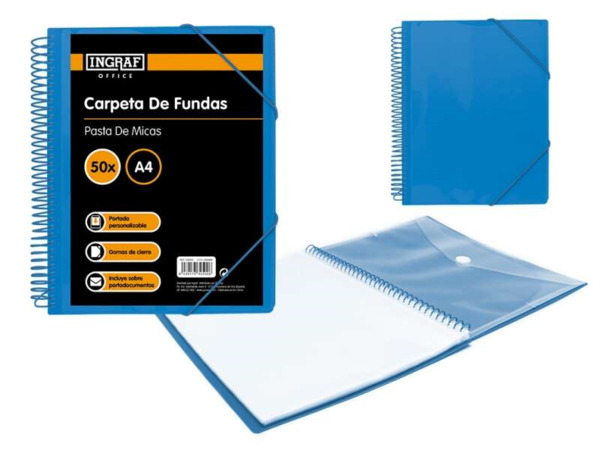 Ingraf Carpeta 50 Fundas A4 + Sobre con Broche - Espiral Plastica Indeformable - Apertura 360 Grados - Portada Personalizable -